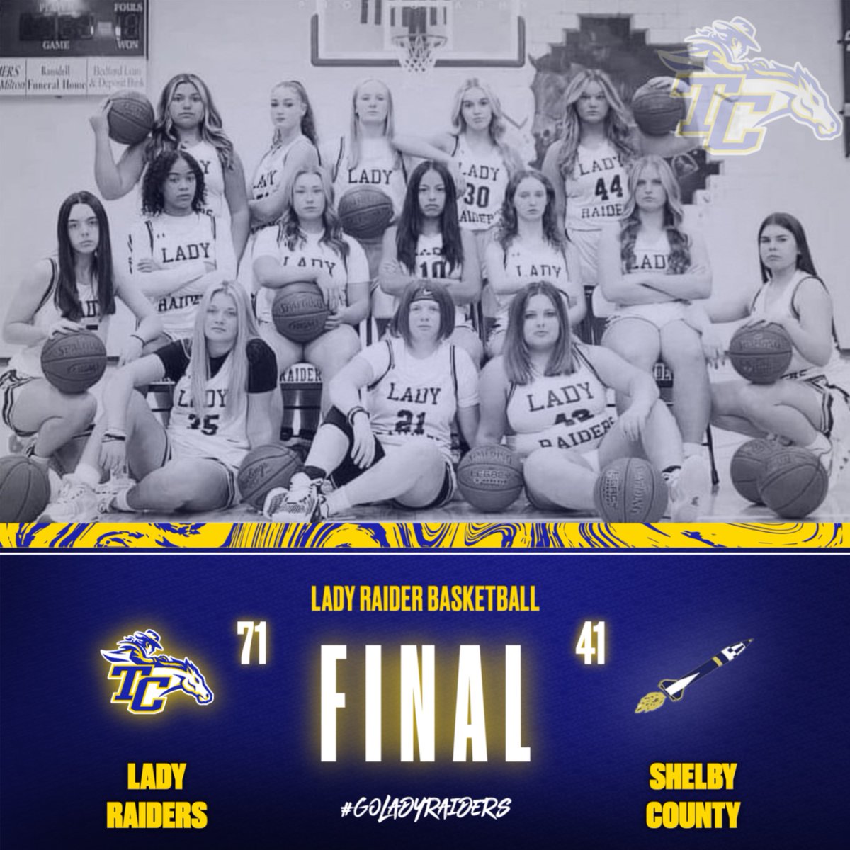 Lady Raiders defeat Shelby County 71-41 on the road! 🔵🟡🏀
Scoring:
Addison Edmondson 27
Payton Butters 14
Jolie Wilcoxson 8
Trinity Crawford 8
Kim Rodriguez 6
Ainslie Stark 3
Anna Brierly 3
Kendra Mahoney 2