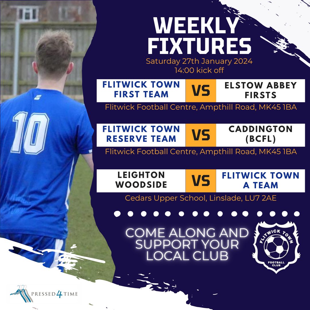 Here’s your Flitwick Town FC fixtures for 27th January 

The First Team host <a href="/ElstowAbbeyFC/">Elstow Abbey FC</a> in the County Cup Quarter Final

The Reserve Team at home as they face Caddington in Division 2 action.

The A Team travel away to face Leighton Woodside in Division 3