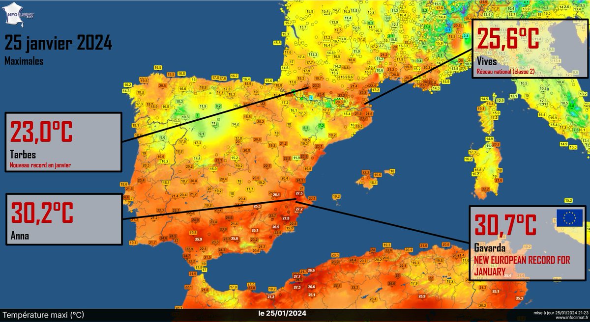 SergeZaka's tweet image. Nouveau record européen de température pour Janvier
L'Espagne fait l'exploit phénoménal d'atteindre les 30.7°C à Gavarda au cœur de l'hiver. C'est le QUATRIEME mois consécutif que l'Espagne bat son record national. Toute l'Europe est concernée par cette douceur exceptionnelle.