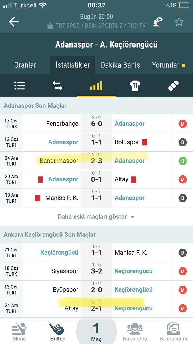 Beyler bi süredir çok maç veremiyorum buradan. 

Bu maçı yarın kesinlikle denemelisiniz!

Avrupa bahis bürolarında adananın oranı yükseliyo keçiörenin düşüyor ama hala maç iki uçlu sonuca açık. 

3 maç arayla yaparlar gibi;

%60 1 / 2 
%40 2 / 1 olacağını düşünüyorum. Bol şans!