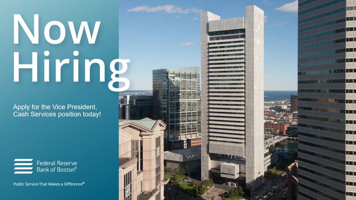 BostonFed's tweet photo. The #BostonFed is looking for an experienced leader to join the Bank’s cash services team as vice president. This position will provide the department with local strategic direction that aligns with national FedCash Services initiatives. Learn more: https://t.co/zwM6rcbRfh https://t.co/LG4xkYCO4u