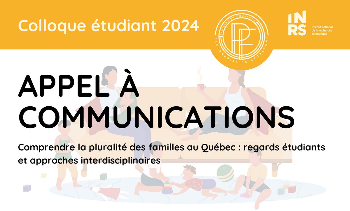 📢 Colloque étudiant : Comprendre la pluralité des familles au Québec
30 avril, à Montréal (centre UCS de l'INRS)
📚 Soumissions jusqu'au 16 février 16h, ouvert à tous les étudiant.e.s de cycles supérieurs ! 💡
Détails au bit.ly/3Uca4st
#Colloque #Famille #Recherche