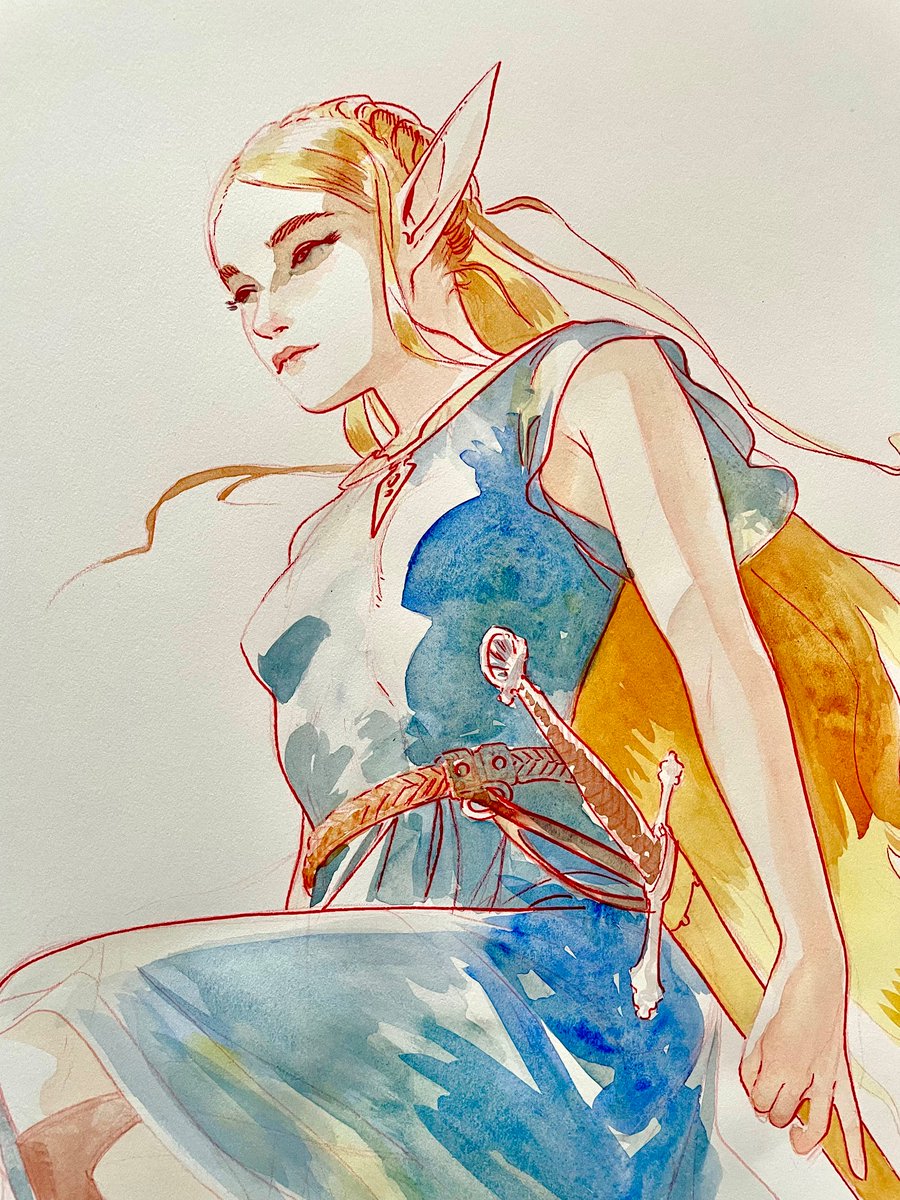 Zelda watercolor progress