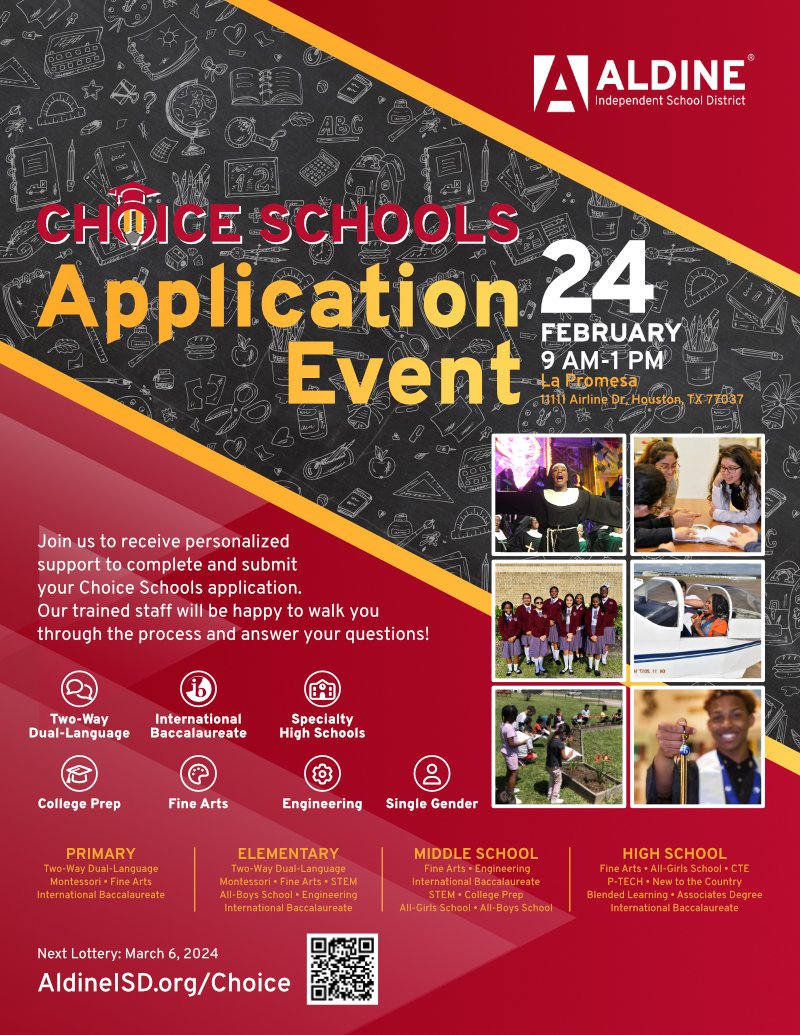Aldine ISD Choice Schools (@aldinechoice) on Twitter photo 📢👋Get help completing the Choice School application online!🖥️📝 Join us on Saturday, Feb. 24 at La Promesa 11111 Airline Dr, Houston, TX 77037 from 9am to 1pm! You can also visit AldineISD.org/Choice 🏫🎒 <a href="/AldineISD/">Aldine ISD</a> <a href="/OOT_AldineISD/">Office of Transformation</a> <a href="/adbustil/">Adrian Bustillos, PhD</a> <a href="/drgoffney/">Dr. LaTonya M. Goffney</a> 📢👋Get help completing the Choice School application online!🖥️📝 Join us on Saturday, Feb. 24 at La Promesa 11111 Airline Dr, Houston, TX 77037 from 9am to 1pm! You can also visit AldineISD.org/Choice 🏫🎒 <a href="/AldineISD/">Aldine ISD</a> <a href="/OOT_AldineISD/">Office of Transformation</a> <a href="/adbustil/">Adrian Bustillos, PhD</a> <a href="/drgoffney/">Dr. LaTonya M. Goffney</a>