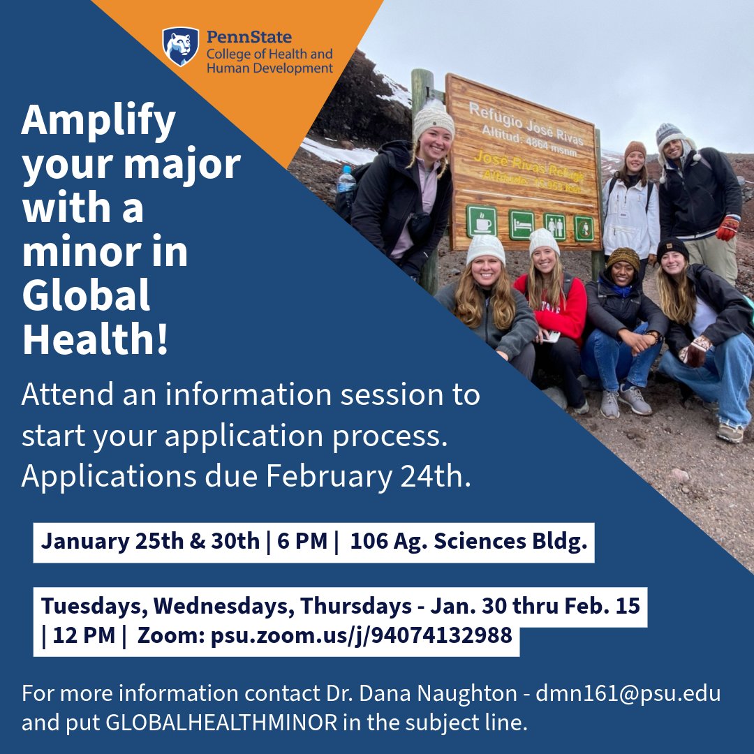 Calling all @Penn_State students interested in global health! The #PSUBBH #GlobalHealth minor is accepting applications until February 24th! If you're interested, attend an info session and email Dr. Dana Naughton at dmn161@psu.edu. Vist our website at ow.ly/K1XB50QuBQI.
