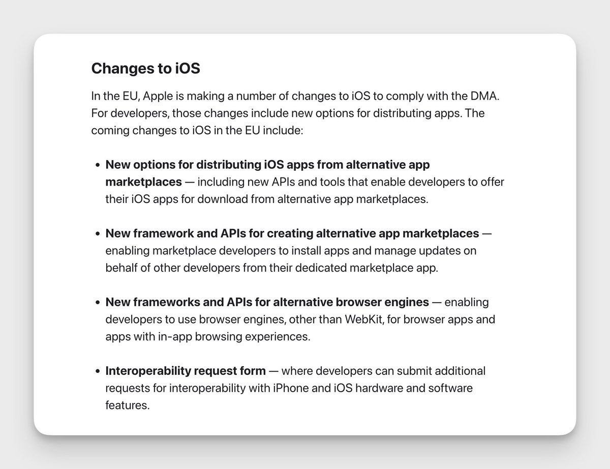This is monumental. iOS in the 🇪🇺 now gets:
◆ alternative browser engines
◆ alternative app stores
◆ alternative payment rails

There are asterisks, but so bullish for the future of the web and the software dev ecosystem at large.