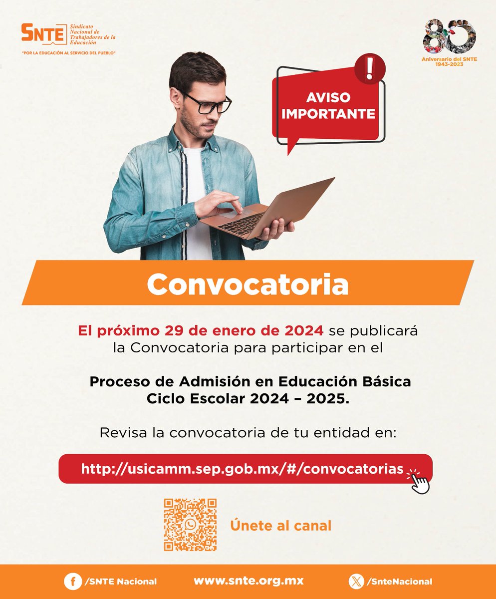#80AniversarioSNTE 🌟
#VamosPorElDespegueSalarial

👉Estás listo para participar en el Proceso de Admisión en Educación Básica❓ Entonces toma nota 📝 y que no se te pase: el #29deEnero sale la convocatoria y debes revisar cuál corresponde a tu entidad

usicamm.sep.gob.mx/#/convocatorias