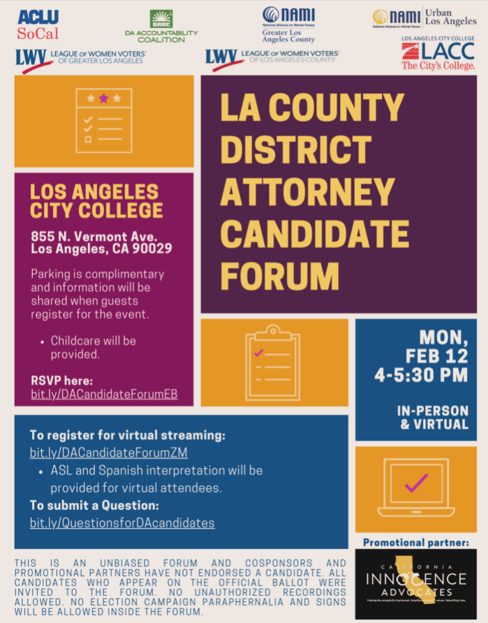 Do you know who’s running for LA District Attorney. Join us Mon, 2/12, at 4 PM to hear from your candidates and decide who will get your vote in March.  RSVP here: bit.ly/DACandidateFor…