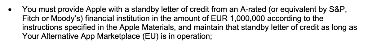 dchest's tweet photo. Requirement for alternative app stores: "a standby letter of credit from an A-rated financial institution in the amount of EUR 1,000,000" https://t.co/NZm3nj8oiC