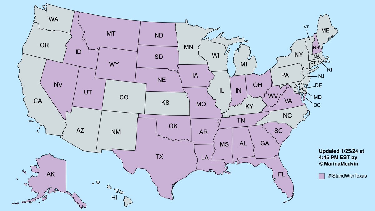 MarinaMedvin's tweet photo. Updated again: Here are the 25 states that are siding with Texas against Biden.

Florida - Virginia - Iowa - Georgia - North Dakota - South Dakota - Tennessee - Alabama - Montana - Idaho - Utah - West Virginia - Oklahoma - Nebraska - Louisiana - Arkansas - Wyoming - Nevada - South Carolina - Indiana - Mississippi - Missouri - New Hampshire - Ohio - Alaska

#IStandWithTexas