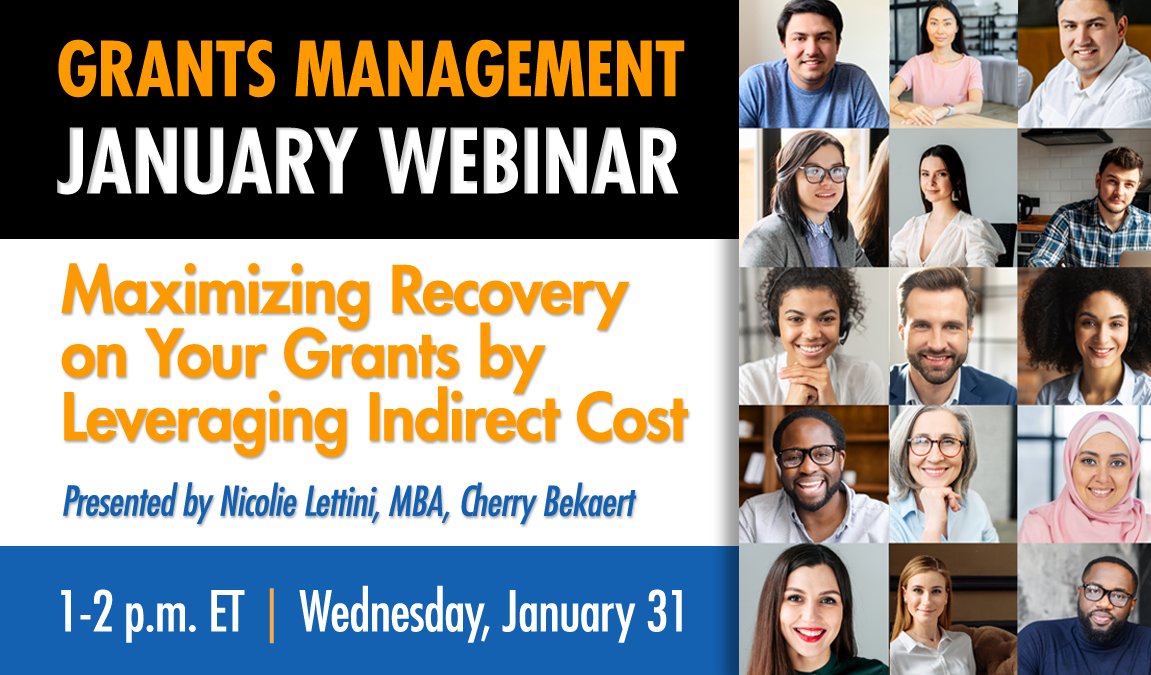 NGMAnews's tweet photo. #Register for our January #webinar! Learn to define #indirectcost; how it's determined; how it impacts orgs; knowing associated costs; & how to #maximizerevenue. #grantsmanagement
Learn more & register: https://t.co/2jMqdfJO7m https://t.co/x5aLMsjmRq