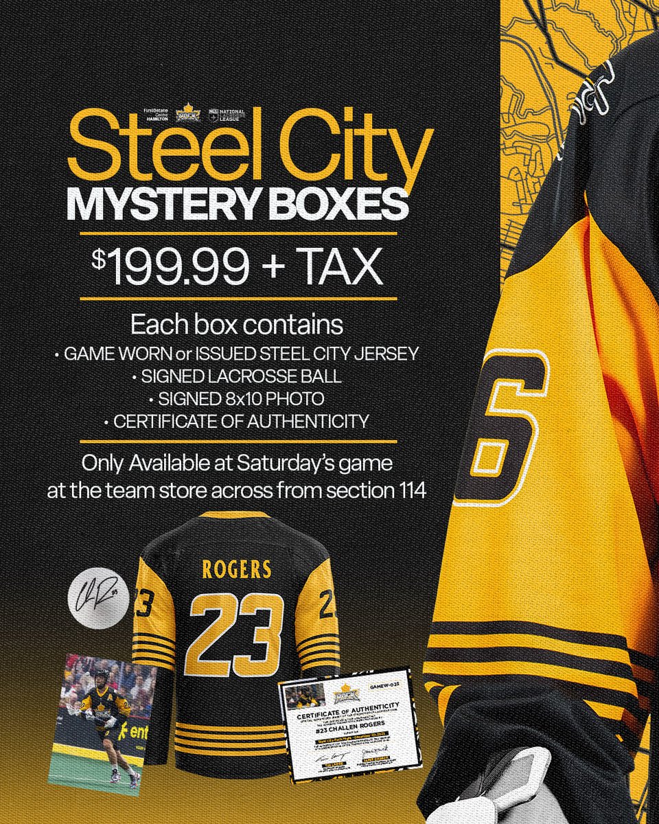Steel City ⚫ 🟡 Mystery Boxes‼️

Available ONLY at Saturday's game!  

Each box contains ONE game worn or game issued jersey from our Dec. 30th Steel City Rock Night game vs. New York + ONE signed photo + ONE signed ball

Doors open at 5:30pm, get there early!