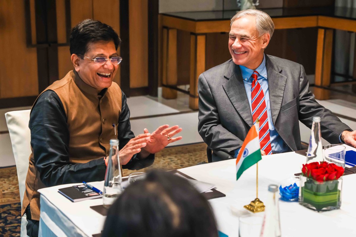 Greg Abbott (@gregabbott_tx) on Twitter photo Texas & India share a strong bond as economic leaders on the world stage.
Today, Minister of Commerce & Trade <a href="/PiyushGoyal/">Piyush Goyal</a> and I met to discuss ways we can continue to expand our economic partnership.
Together, we'll forge an even brighter future for both Texas & India. Texas & India share a strong bond as economic leaders on the world stage.
Today, Minister of Commerce & Trade <a href="/PiyushGoyal/">Piyush Goyal</a> and I met to discuss ways we can continue to expand our economic partnership.
Together, we'll forge an even brighter future for both Texas & India.