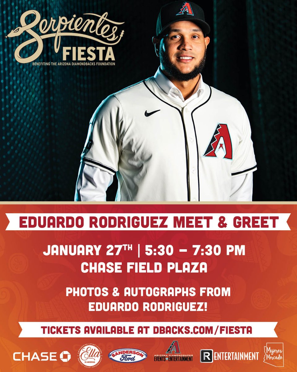 Due to unforeseen circumstances, Gabi Moreno will no longer appear at Serpientes Fiesta. However, new @Dbacks pitcher Eduardo Rodriguez will be available for photos and autographs! Don't miss your chance to meet him this Saturday: dbacks.com/fiesta
