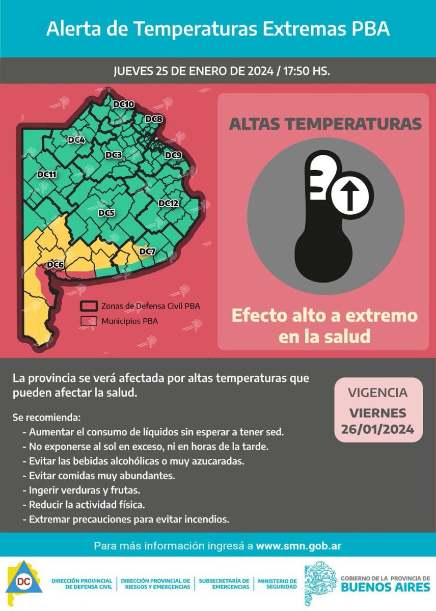 ⚠️ | Información importante

🌡️ El Servicio Meteorológico Nacional emitió un alerta por altas temperaturas para el viernes 26/01.

Recordá:
🚰💦 Tomar abundante agua
☀️🚫 No exponerte al sol en exceso
🍺🚫 Evitar el alcohol y comidas abundantes
🍊🥦  Consumir frutas y verduras
🏋️