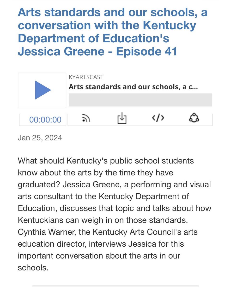 Thank you to the @KYArtsCouncil for inviting me to talk about the VPA Standards Review and Revision process and to give details about the very important public comment portion which is coming up SOON! Listen here: kyartscast.ky.gov/arts-standards… @KyDeptofEd