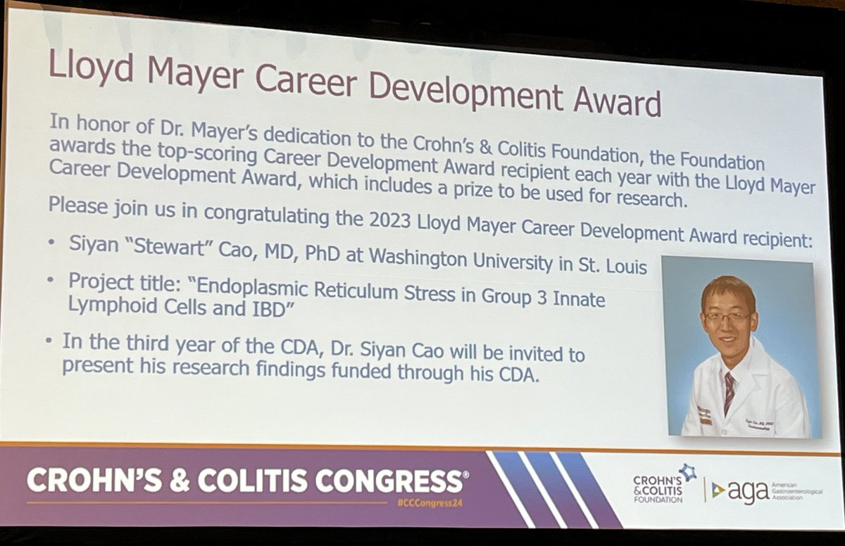 Truly honored to receive the Lloyd Mayer Career Development Award #CCCongress2024, to study cellular stress response in innate lymphoid cells in IBD. @WUGastro @WashUDPS @TheColonnaLab @CrohnsColitisFn