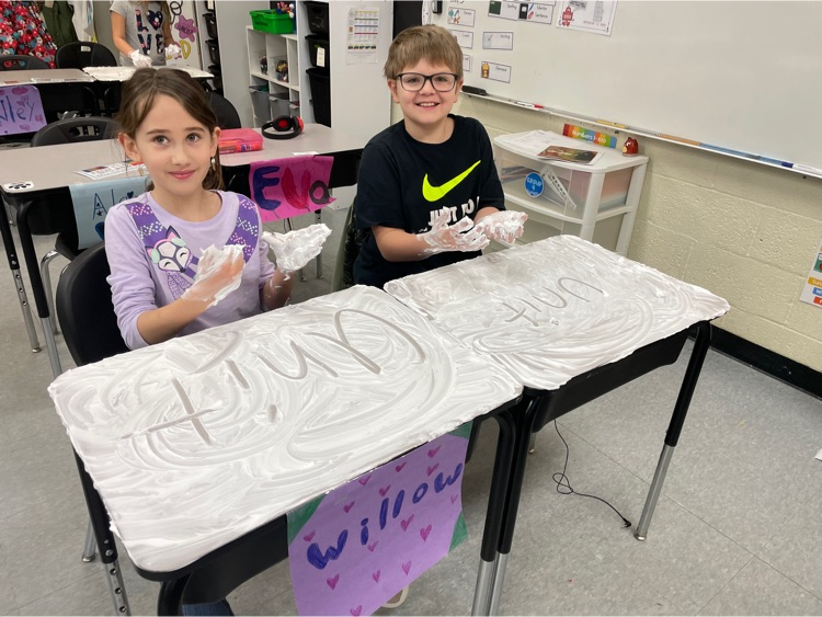 Mrs. MacDowell's 3rd grade class practicing their spelling words with shaving cream!!