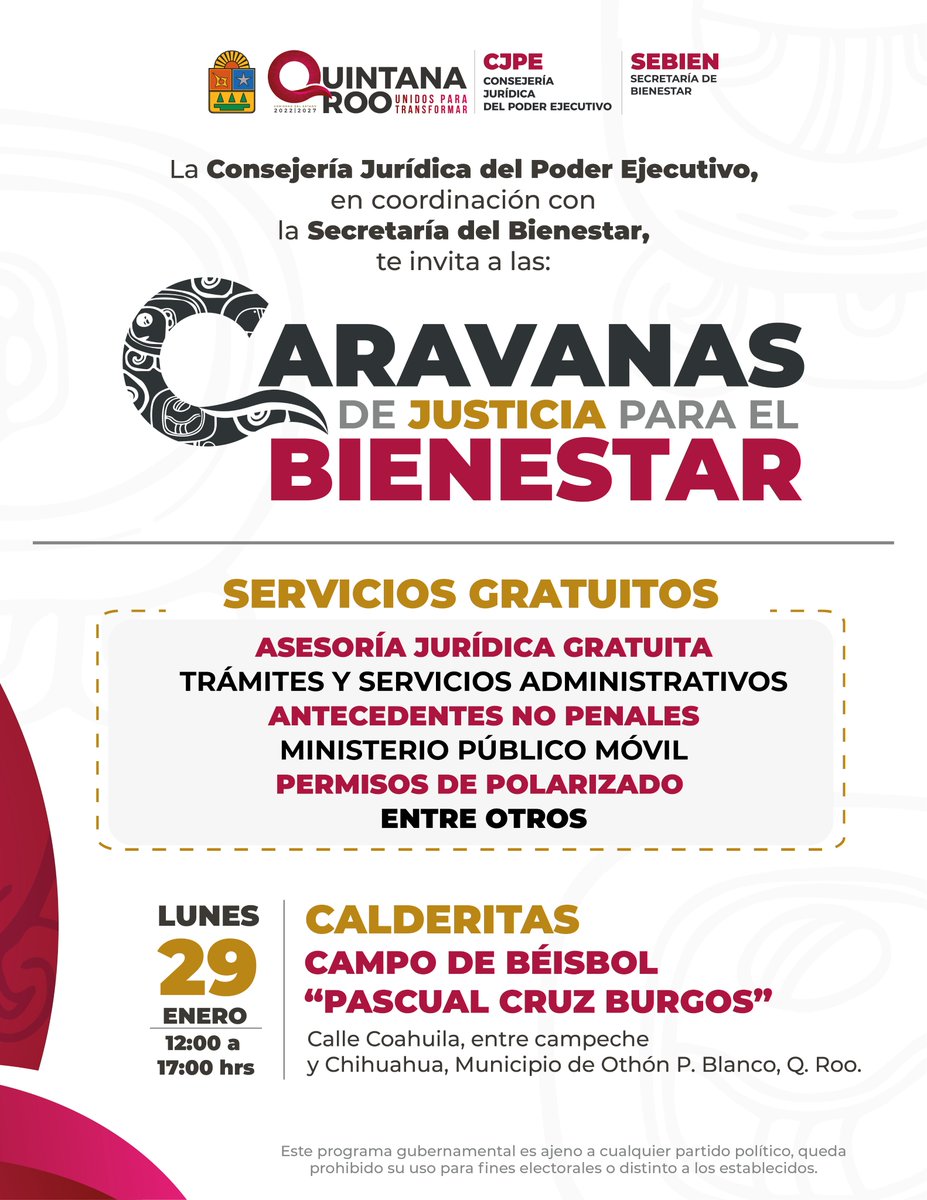 cjpeqroo's tweet photo. Los esperamos, lunes 29/ene en las #CaravanasDeJusticiaParaElBienestar de 12 a 17 hrs
Contaremos con:
Asesoría Jurídica Gratuita.
Trámites y servicios administrativos.
Antecedentes no penales.
Ministerio público móvil.
Permisos de polarizado.
!No faltes!
 #UnidosParaTransformar https://t.co/ZqhQ2iVtbz