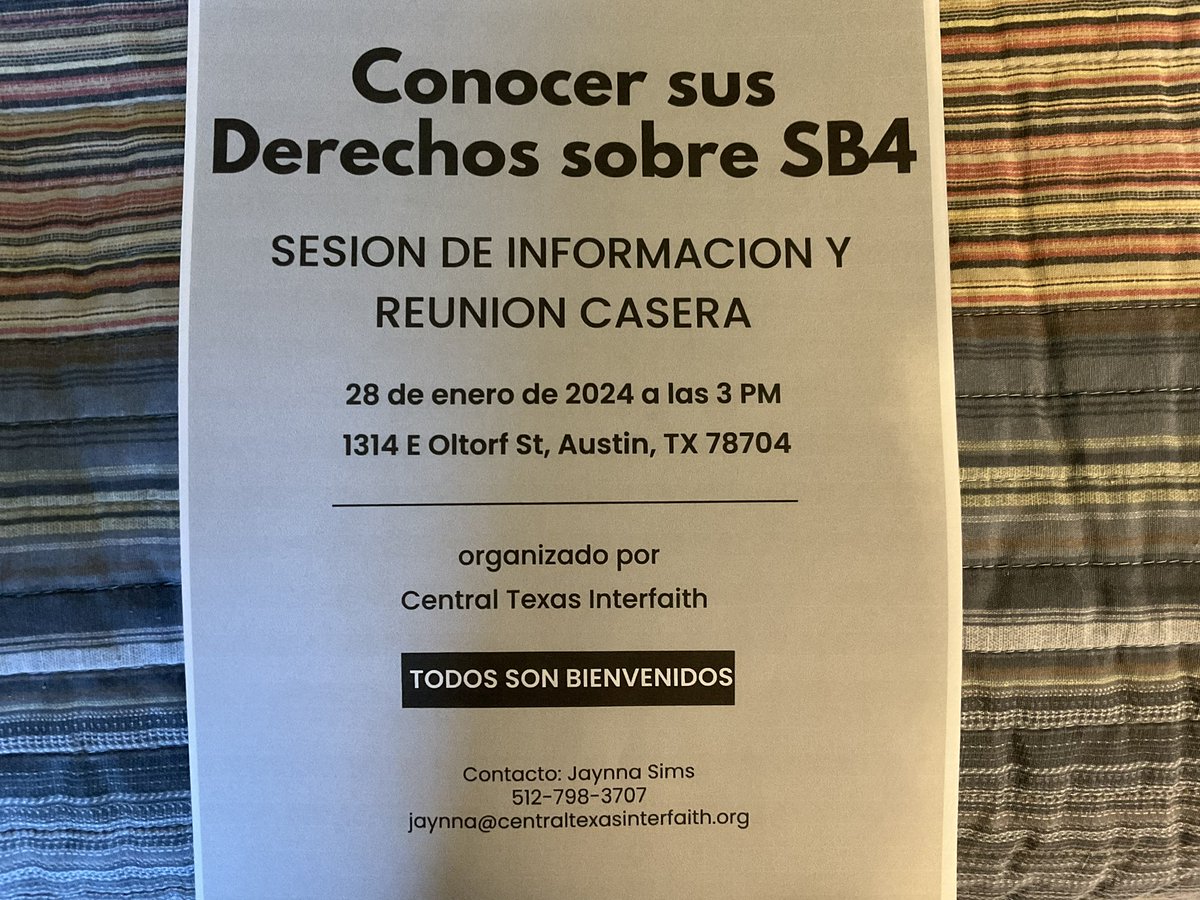 Join @CTXInterfaith for a crucial learning opportunity on SB4. 🗓️ Know Your Rights' session on SB4 📅 Sunday, January 28th 🕒 3 PM Primarily in Spanish, with English interpretation available. See flyers for details. Let's empower ourselves and our community! #SB4 #KnowYourRights