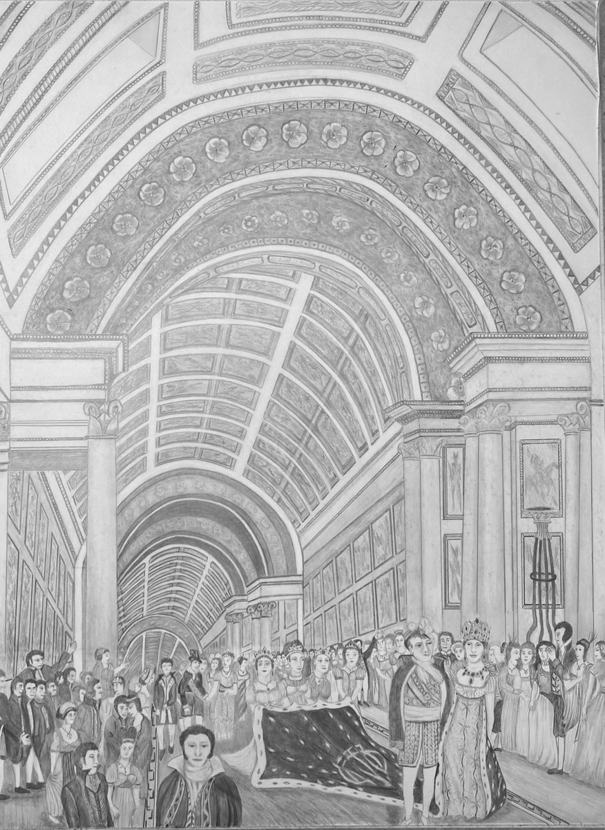 Napoleon Emperor of France and Marie Louise Empress of France and Queen of Italy
Marriage of Marie Louise, second wife to Napoleon,
April 2 1810
Procession and cortege walk at Grande Galerie, Louvre Paris.
Four Queens bore the train of Marie Louis