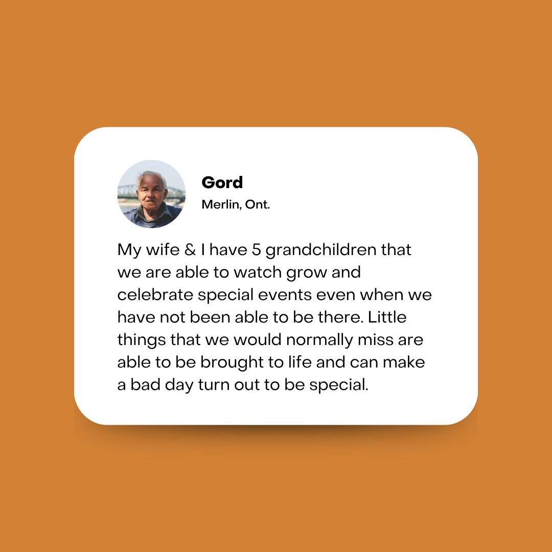 Gord, your testimonial has us smiling from ear to ear! From special events to those tiny moments that make a day special, cheers to the magic of making family memories from wherever you are!

Let's keep the smiles rolling! 💻 👴👵 #GetConnected #YQG