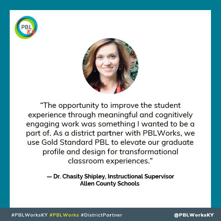 PBLWorksKY's tweet photo. Dr. Chasity  Shipley from Allen County Public Schools shares, as a PBLWorks district partner, how they're using Gold Standard PBL to create transformational classroom experiences! 

🔗https://t.co/JsTY7DSqPj

#PBLWorks #PBLWorksKY #KYdoesPBL https://t.co/wHEIQhPXJV