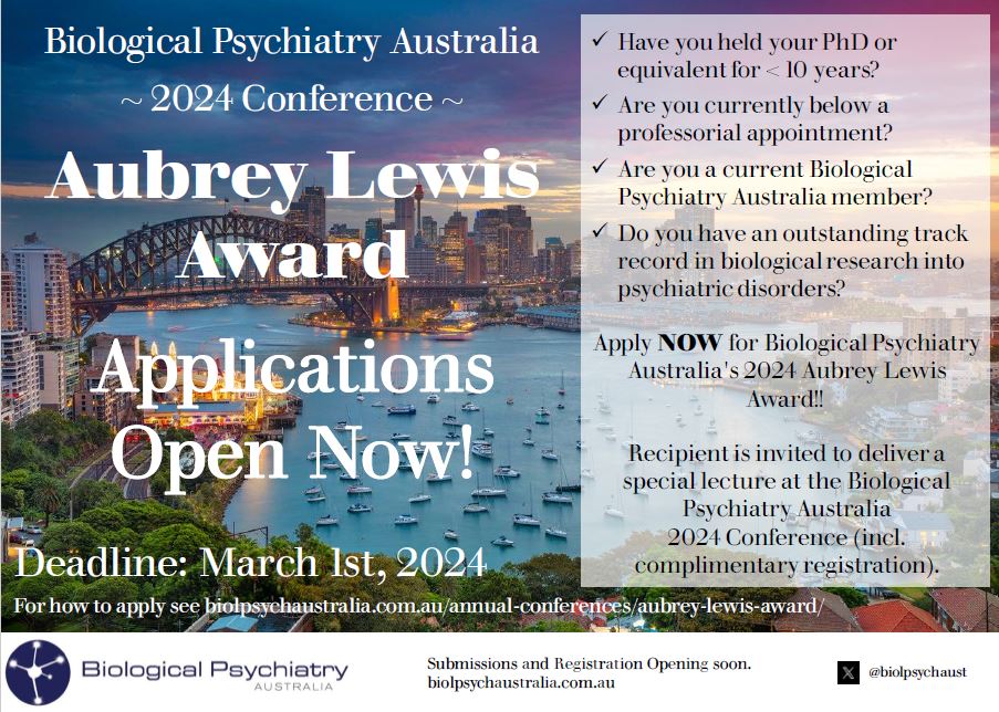 AUBREY LEWIS AWARD | APPLICATIONS OPEN NOW

Open to BPA members &lt; 10 years post-PhD with an outstanding track record in biological psychiatry research

Deadline: Friday 1 March 2024

More information: biolpsychaustralia.com.au/annual-confere…

#BPA2024