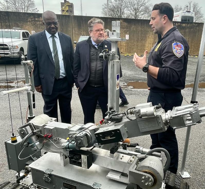 State Sen. Pete Harckham obtained a grant for the Hazardous Devices Unit last year that enabled it to proceed with plans replace an aging response vehicle. The new vehicle has since been built and put into service. The senator stopped to check it out this afternoon.
