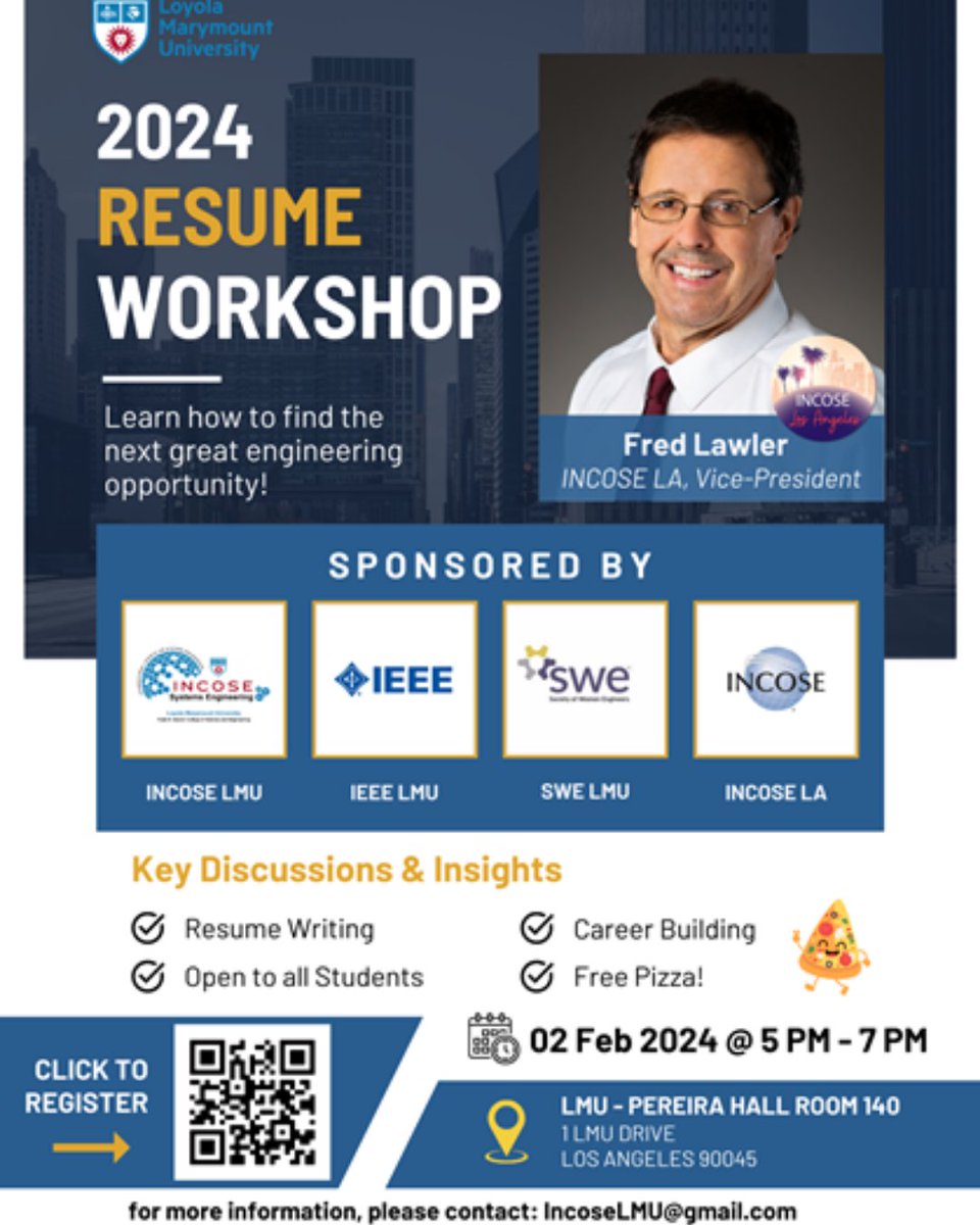 📣Attention engineering students! Grab your resume and join Incose LMU &amp; SWE next Friday, 5-7 pm in Pereira 140 for a resume workshop. Did we mention there will also be free pizza &amp; opportunities to network with other students? Register here! bit.ly/3OgWLTS #LMUSeaver 🦁