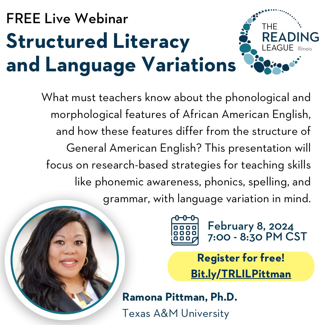 Kickstart the month of love with a webinar we are sure you will LOVE! ❤️ Join us on February 8 from 7-8:30 to learn about structured literacy and language variations with Dr. Ramona Pittman. Register today! 🔗 bit.ly/TRLILPittman