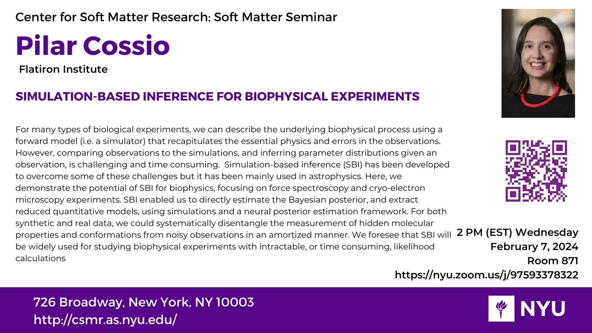 NYU CSMR (@nyu_csmr) on Twitter photo Our next Soft Matter Seminar speaker is Pilar Cossio from Flatiron Institute. We hope that you can join us! Wed, February 7th at 2:00pm ET.
<a href="/NYUPhysics/">NYU Physics</a>
<a href="/NYUScience/">NYU Science</a>
as.nyu.edu/research-cente… Our next Soft Matter Seminar speaker is Pilar Cossio from Flatiron Institute. We hope that you can join us! Wed, February 7th at 2:00pm ET.
<a href="/NYUPhysics/">NYU Physics</a>
<a href="/NYUScience/">NYU Science</a>
as.nyu.edu/research-cente…