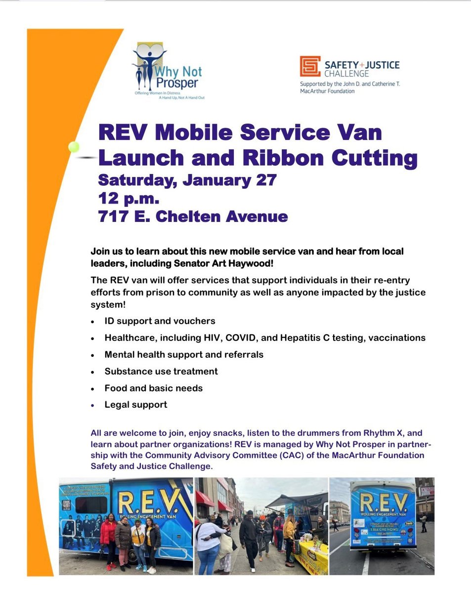 The Office of Criminal Justice is thrilled to join Why Not Prosper this Saturday, January 27th at noon, to launch the Rolling Engagement Vehicle (REV) Mobile Service Van.