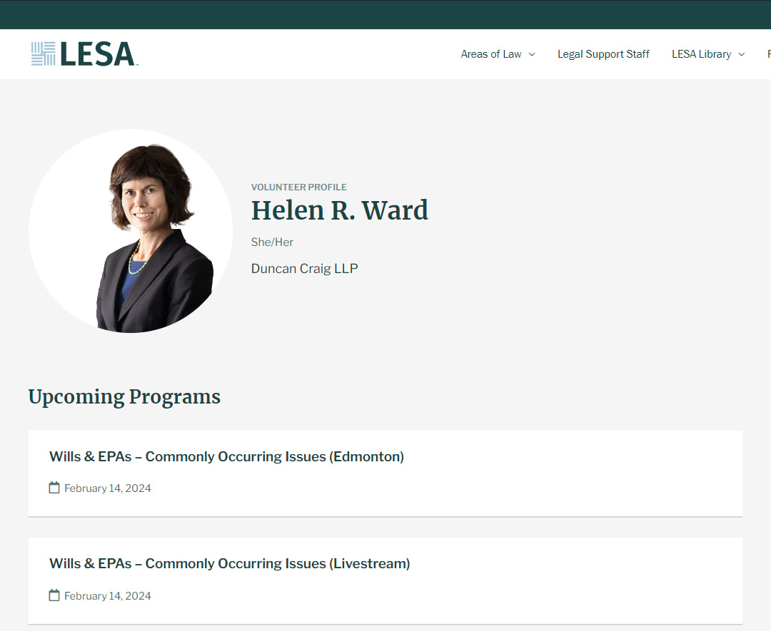 ✨ Volunteer Spotlight ✨  Helen R. Ward <a href="/dcllp/">DUNCAN CRAIG LLP</a> 

We're thrilled to have Helen join the faculty for our "Wills &amp; EPAs – Commonly Occurring Issues" program (Feb. 14).

Join us in-person in #YEG: lesaonline.org/program/wills-…

This program is also being offered online via livestream.