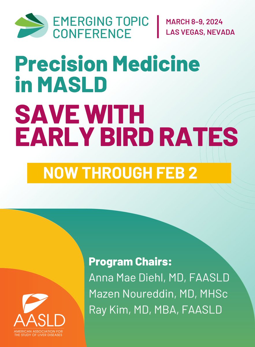 Early bird rates for our Emerging Topic Conference: Precision Medicine in MASLD have been extended! Save big and register by Feb. 2nd. Looking to also get a group rate on housing? All reservations must be made prior to Wednesday, Feb. 14. Don't wait! aasld.org/emerging-topic…