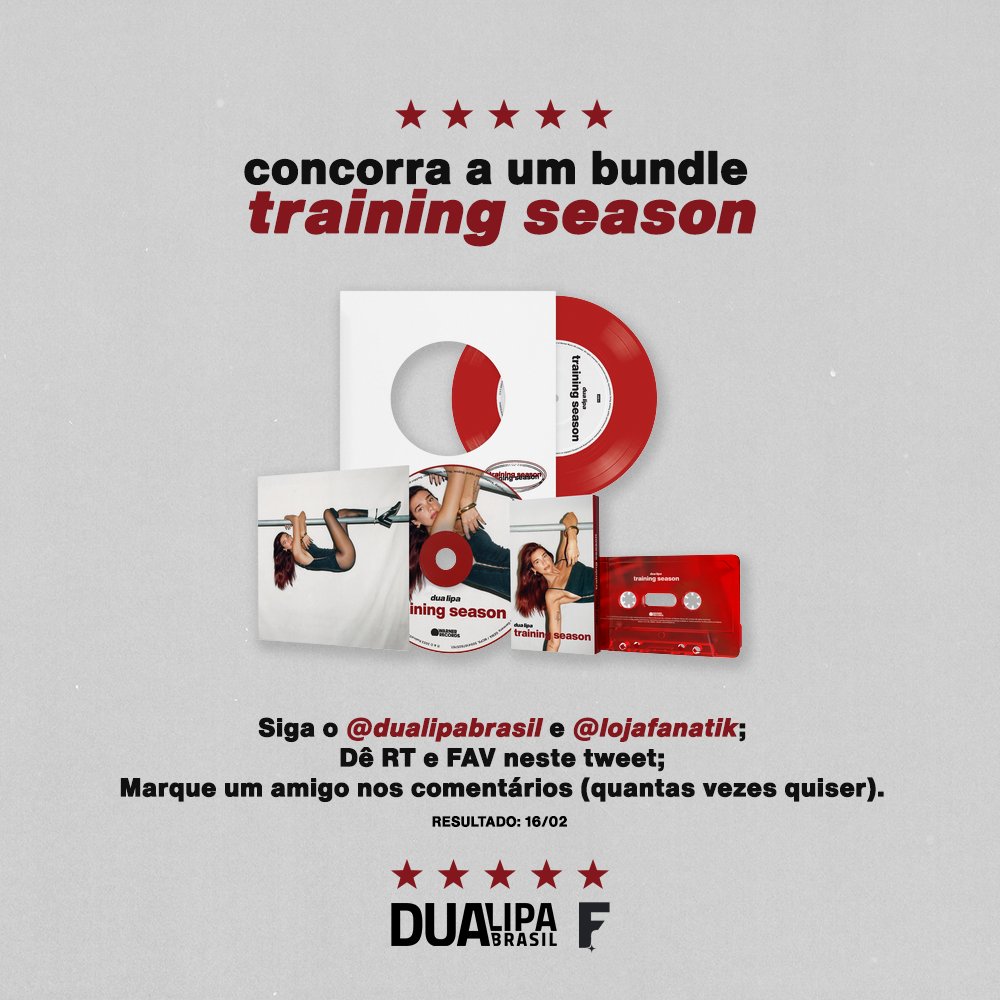 Training Season's over 🏁

SORTEIO: Concorra a um COMBO (CD, Vinil e Cassete) do novo single de Dua Lipa!

• Siga o <a href="/dualipabrasil/">Dua Lipa Brasil</a> e <a href="/lojafanatik/">Fanatik</a>;
• Dê RT e FAV neste tweet;
• Marque um amigo nos comentários (quantas vezes quiser).