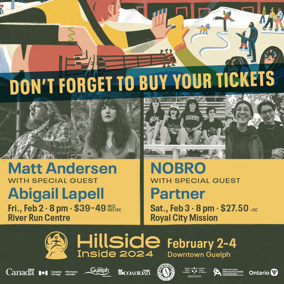 #HillsideInside is just a week away! ❄ Friendly reminder that Matt Andersen w/ Abigail Lapell and NOBRO w/ Partner are both ticketed events. 🎫 Be sure to pick yours up! 💚

Find more information about events happening next weekend here: hillsidefestival.ca/hillside-insid…