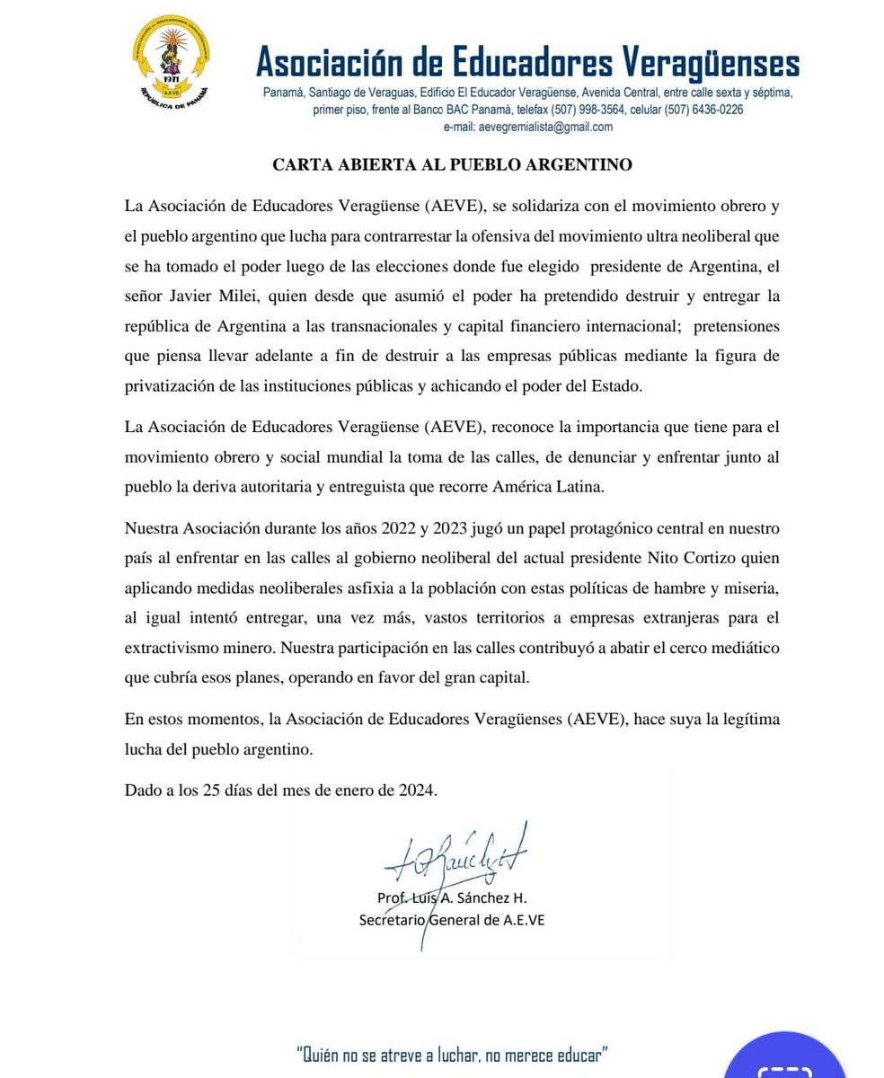 #solidaridadAeve Carta abierta al pueblo argentino