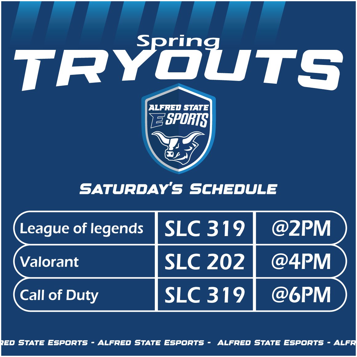 Get ready gamers! Alfred State Esports Spring Tryouts are just around the corner! Check out the images below for the full weekend schedule. Saturday &amp; Sunday are packed with action. Don't miss your chance to join the team.  

#AlfredStateEsports