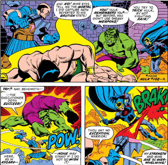 MarvelADay's tweet photo. #MarvelADay #Def4 They don't fare as well against the Executioner himself. First Namor goes down, then Hulk and Black Knight. - VA https://t.co/zqNw1R0YOw