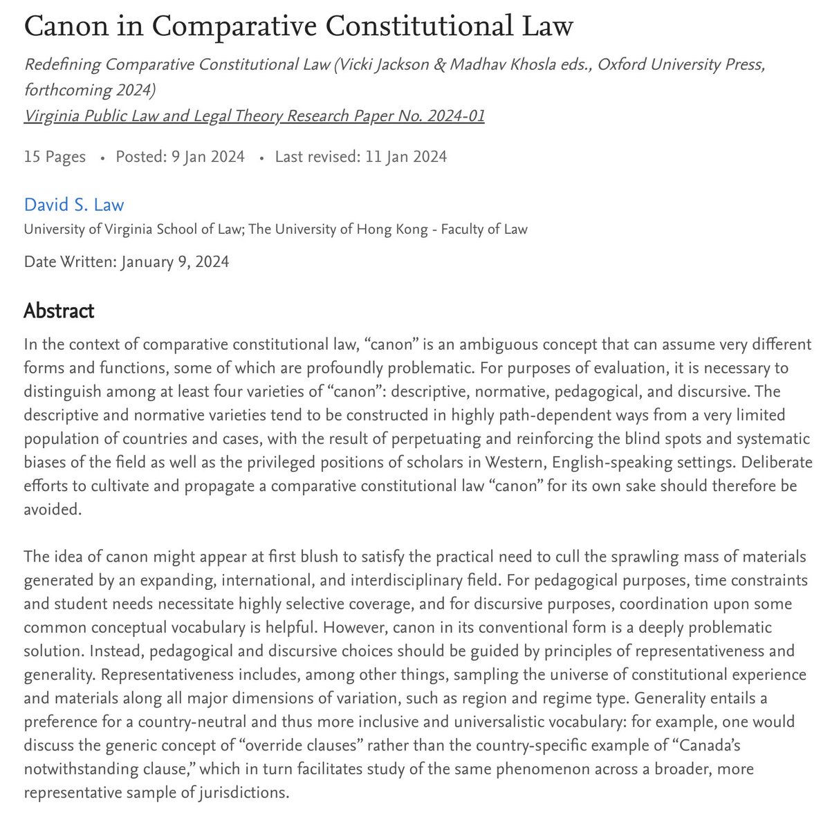 Comparative constitutional law is getting to be a big field-big enough that people might long for a "canon" or "greatest hits" collection that gives them a place to start. Here's a short piece on why canon is a bad idea: ssrn.com/abstract=46890…