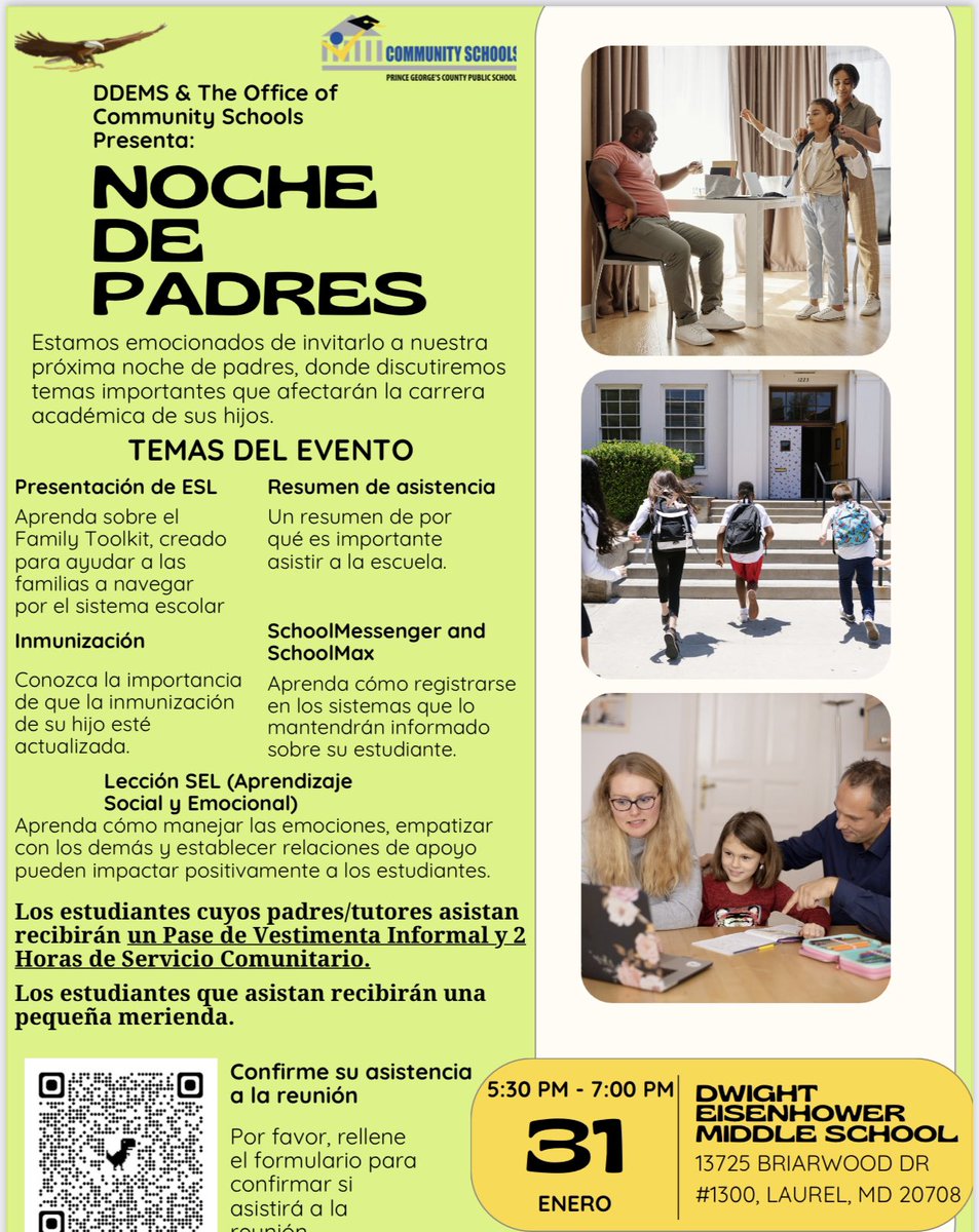 Parents/Guardians of Dwight D Eisenhower MS I hope you can attend. Please register using the scan QR code.