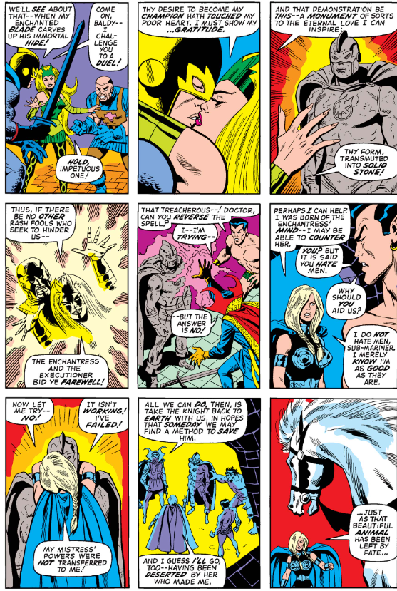 MarvelADay's tweet photo. #MarvelADay #Def4 Lots happening here, so I'm sharing the whole page. With a kiss, Enchantress turns Black Knight into a statue and runs off with the Executioner. Strange and Valkyrie both try breaking the spell to no avail, and looks like Valkyrie has found herself a horse! - VA https://t.co/WeE3If5Tip