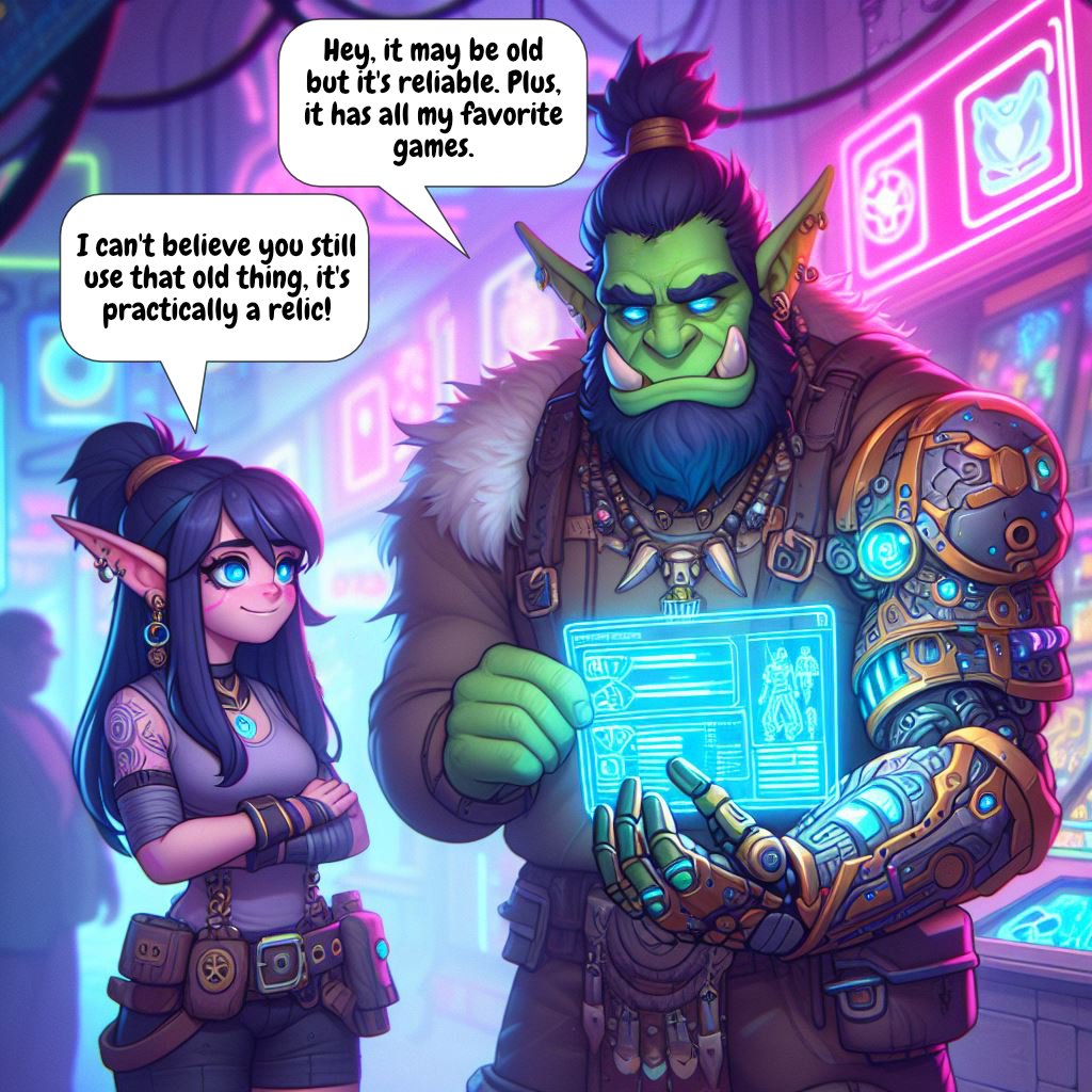 MrFiulo's tweet image. Classic tech or cutting-edge gear? These two can't seem to agree! Who else loves retro gadgets with a passion, despite what your friends say? 😆👨‍💻🎮

See more: comics.fiulo.com/tags/single/

#comic #shadowrun #magic #cyberpunk #ai