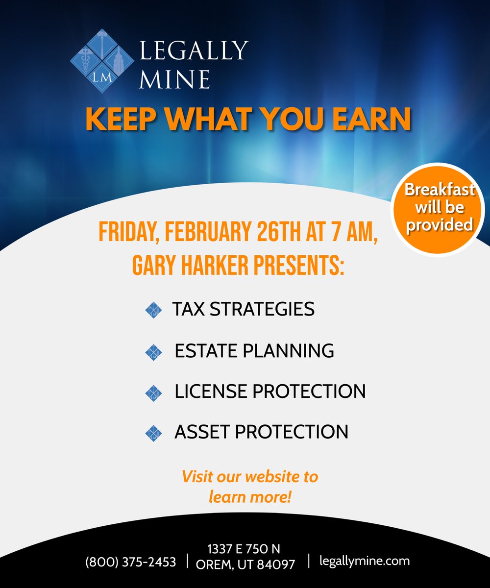 FPMAtweets's tweet photo. Friday Morning at 7AM join Legally Mine with Gary Harker for a discussion about tax strategies, asset protection and more WITH breakfast provided in room Celebration 12-13  #SAM2024 #Breakfast #Legallymine https://t.co/ztfpUAcJN7