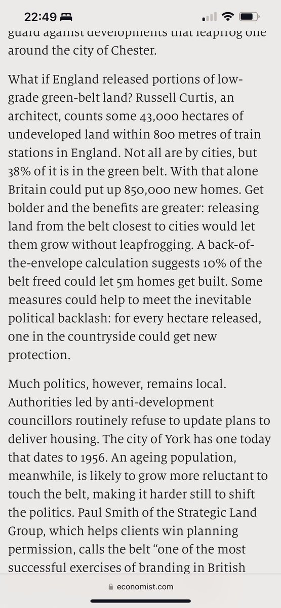 The Economist demolishes the British love of the Green Belt this week: 38% of the country cannot be built on, just 5% would house 5m new homes, max 9% of country already built on but public think it’s half. @rckarchitects Russell Curtis cited for his work