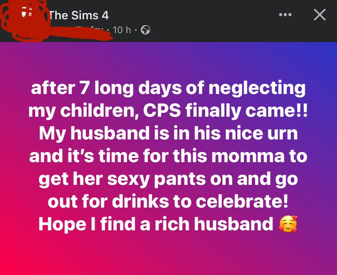 Reading some fucked up shit &amp; immediately going oh nvm it&rsquo;s a sims group 🤣💀 https://t.co/lSdNB3uDfB