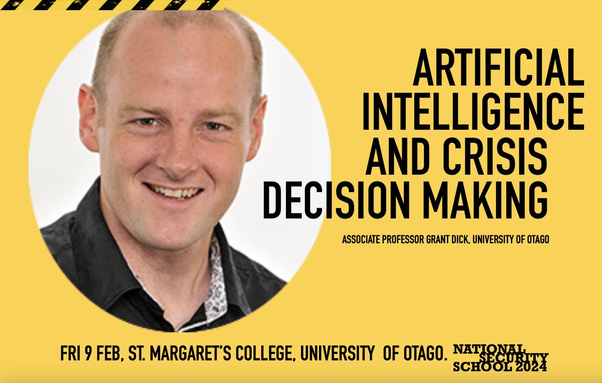 Friday 9 Feb: What are the implications of AI for crisis decision making? Information Systems expert Grant Dick's goal is to discover intelligent methods to solve difficult real-world problems. To register: otago.ac.nz/foreign-policy…