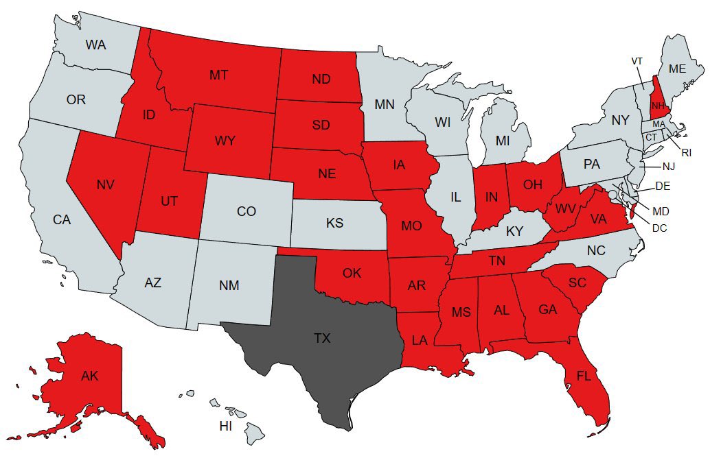 🚨 25 states have signed a letter pledging their support to Texas and its constitutional right to defending the Southern Border:

ALABAMA
ALASKA
ARKANSAS
FLORIDA 
GEORGIA
IDAHO
 INDIANA 
IOWA
LOUISIANA
MISSISSIPPI
MISSOURI 
MONTANA
NEBRASKA
NEVADA
NEW HAMPSHIRE
NORTH DAKOTA
OHIO