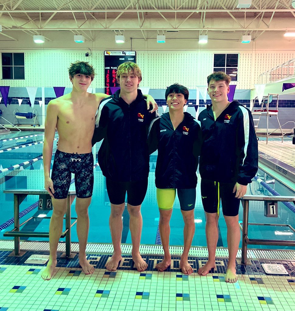 🚨Pool Record Alert 🚨 
GV Boys broke 4 pool records on Senior Night Tuesday. 
200 Medley 1:39.04, 200 Free Relay 1:30.48 &amp; 400 Free Relay 3:23.58
🏊‍♂️B. Nguyen, I. Brkanovic, E. Ryan, B. Steele. 🏊‍♂️With I Brkanovic swimming a 22.00 50 free pool record. ❤️🖤💜💛
<a href="/GoDutchAthletix/">GuilderlandAthletics</a>